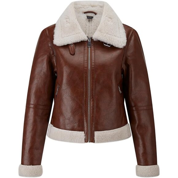 Jackets & Blazers - Women's Fur Leather Jacket Shearing Cropped Faux Fur Lined Moto Coat 156 Brown